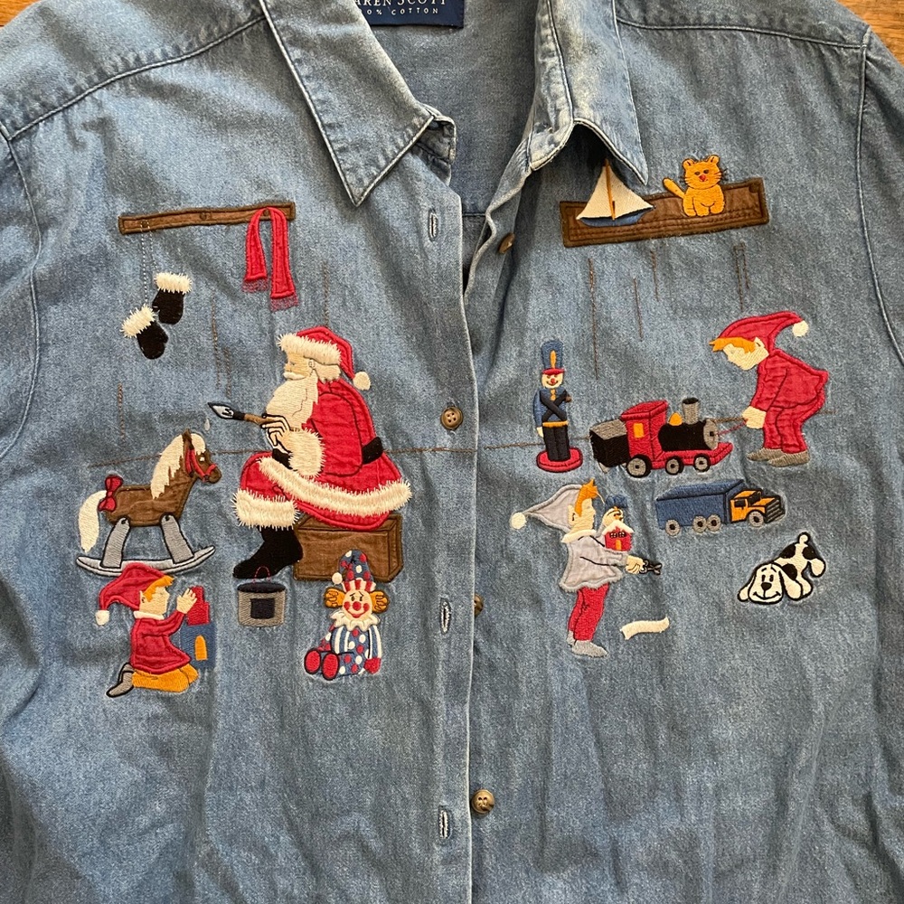 Karen Scott Blue Denim Shirt with Festive Embroidery
